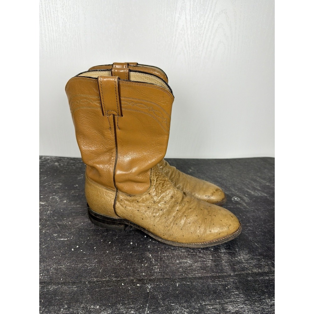 Vintage Justin Ostrich Leather Western Cowboy Boots Brown/Tan Men's Size 9.5 D